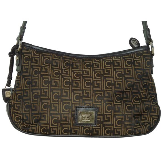 Liz Claiborne Monogram Crossbody Shoulder Bag Dark Brown Gold Adjustable Straps - Picture 3 of 12